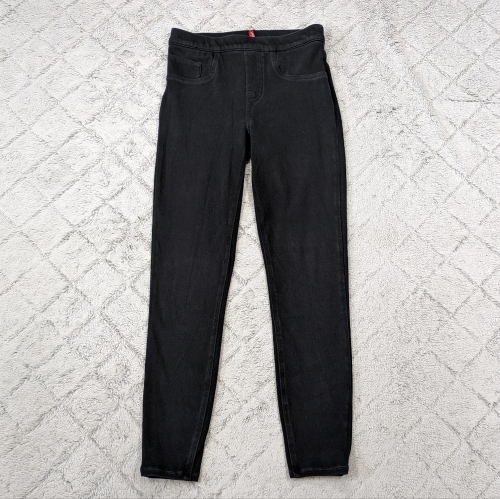Spanx Jean-ish Leggings Women's Small P Black Soft Knit Shape Back Pockets Ankle